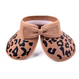 Leopard Bow Sun Visor Wide Brim Foldable Packable Ponytail Beach Hat Straw